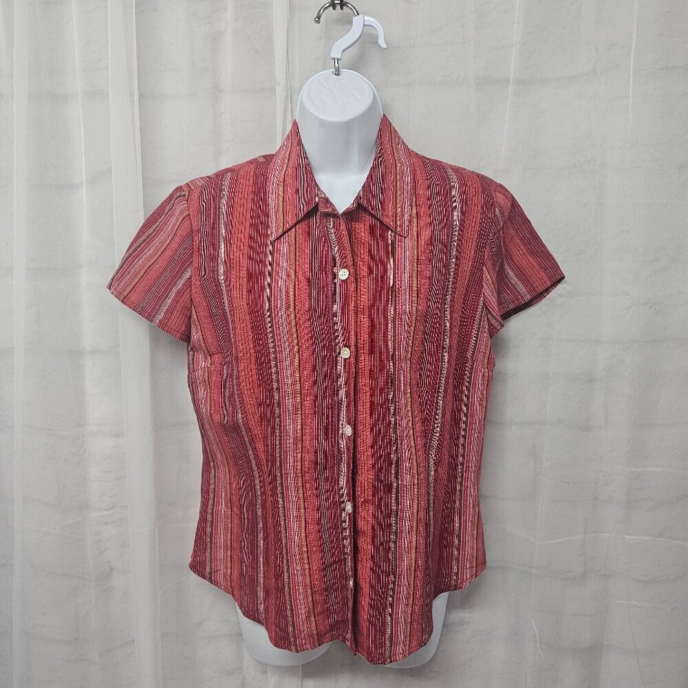 Emma James Red Striped Button-Down Blouse Linen Blend Casual Summer 8